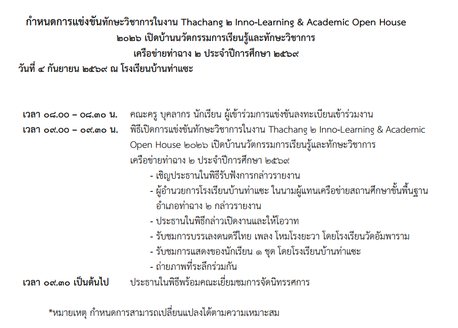 กำหนดการแข่งขันทักษะวิชาการในงาน Thachang 2 Inno-Learning & Academic Open House 2026
